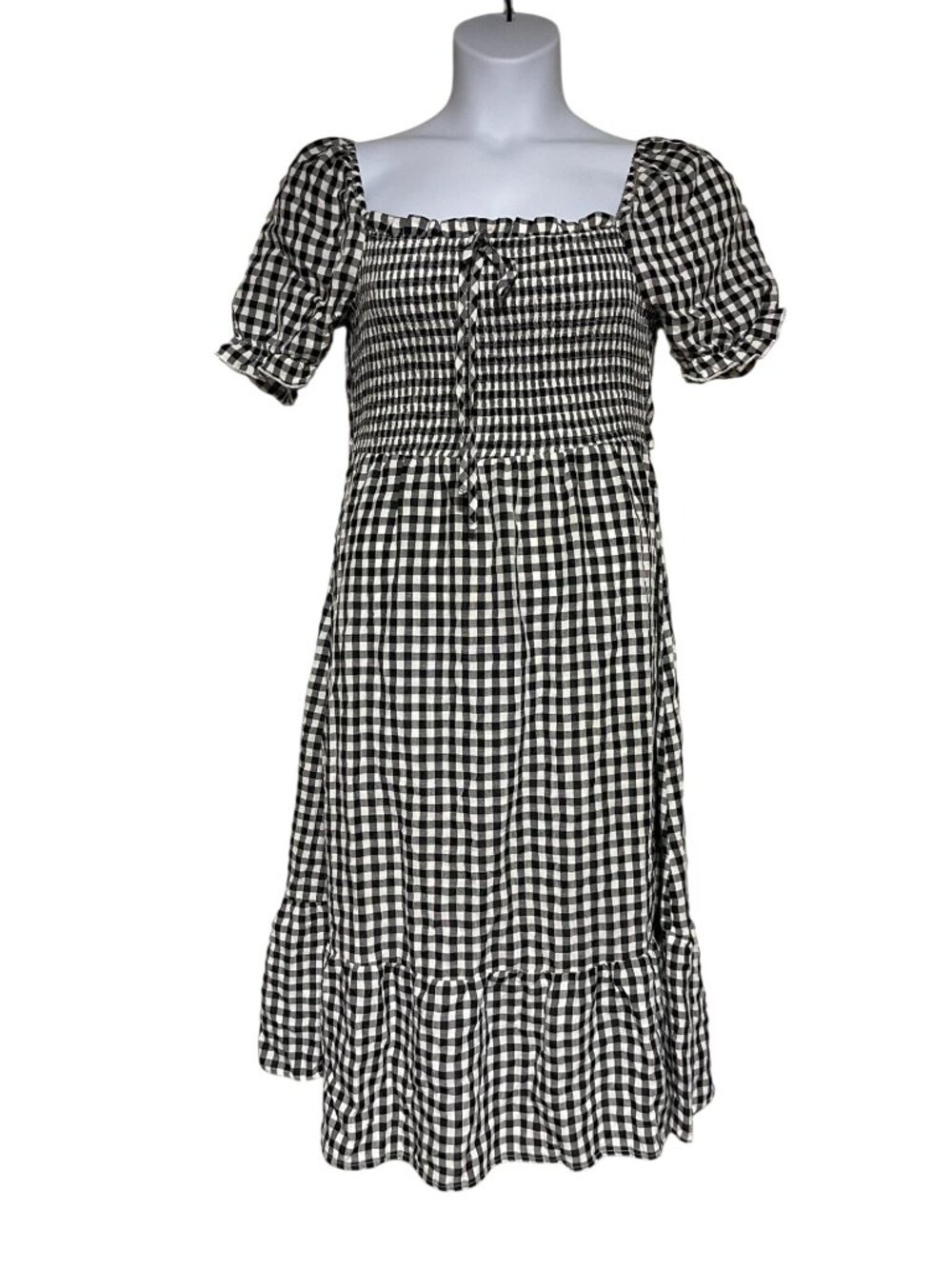 French Connection Gingham Smocked Puff Sleeve Midi Dress Black/White Womens 10
